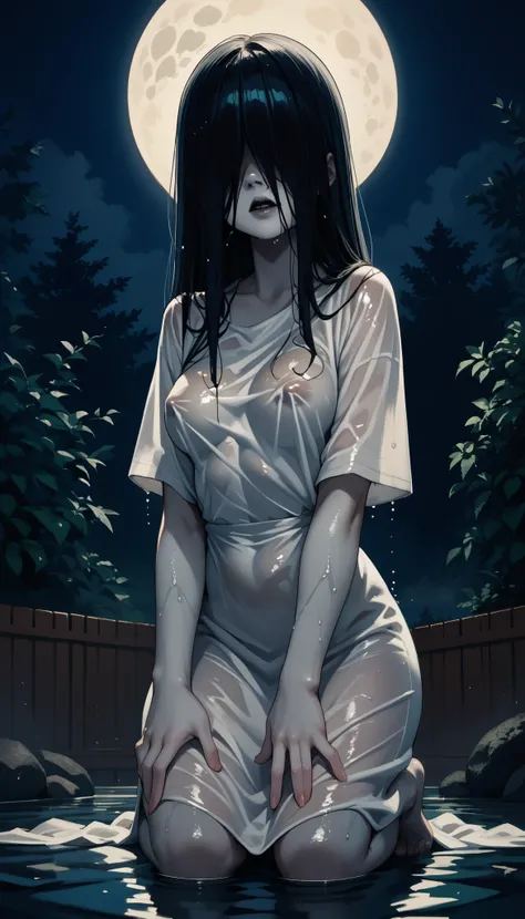 score_9, score_8_up, score_7_up, score_6_up, source_anime, yamamura sadako, hair over eyes, black hair, long hair, pale skin, medium breasts, white dress, wet clothes, nipple bulge, barefoot, horror \(theme\), night,