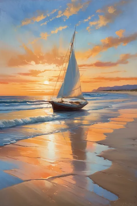 An oil painting depicting a serene seascape at sunset. A weathered wooden sailboat, with its sails partially furled, rests on a sandy beach, its hull reflecting the warm light. The ocean is rendered with visible, textured brushstrokes in varying shades of ...