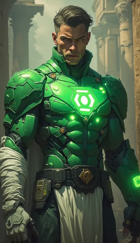 Standing epic photography, of hal jordan as absolute green lantern, absolute Formidable, detail face, short hair, wear Pure green bulk savage green lantern (Larger And wider Glowing green Futuristic green lantern symbol with bulletproof) black chest plate,...