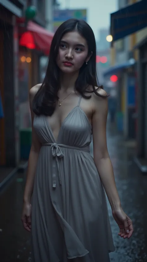 a women, light-skinned,  with  long, dark brown hair, stands in a rain-drenched alleyway.  Elegant, light-gray, silky, draped dress with a halter-style top and a flowing skirt; the fabric appears wet, reflecting light. Subtle, almost imperceptible, light p...