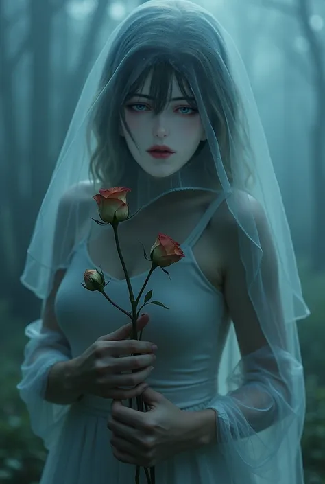 A mysterious young girl with a face covered with a veil and a dead Rose in her hand. In blue colours.