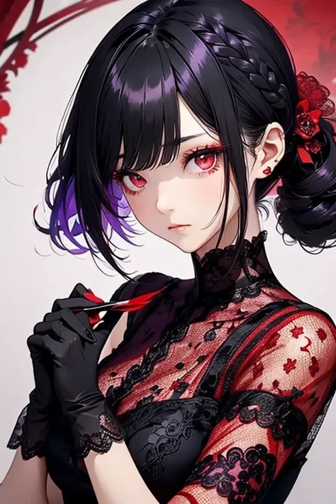   black hair、    Red Eye、((red and purple lace dress  )).    cute、    expressionless    、    alone、Non-parallel、((Confused Eyes)).((  Beautiful hairstyle  :1.35)).((   lace gloves)).