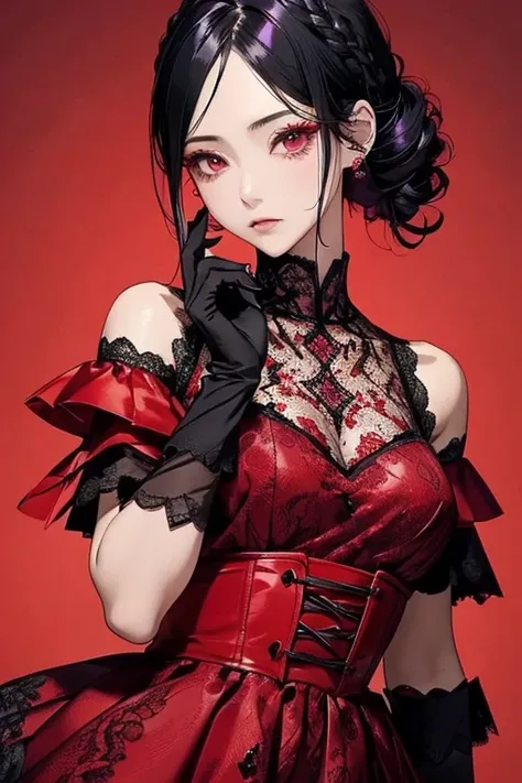   black hair、    Red Eye、((red and purple lace dress  )).    cute、    expressionless    、    alone、Non-parallel、((Confused Eyes)).((  Beautiful hairstyle  :1.35)).((   lace gloves)).