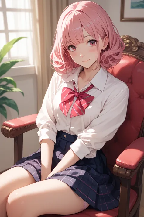 わきUnderを見せない，blush，Under，  no background ，   when you stare at ， Stare at Pe ，Sit on a chair，Front view， panties, skirt， no background， Pink Hair ，smile