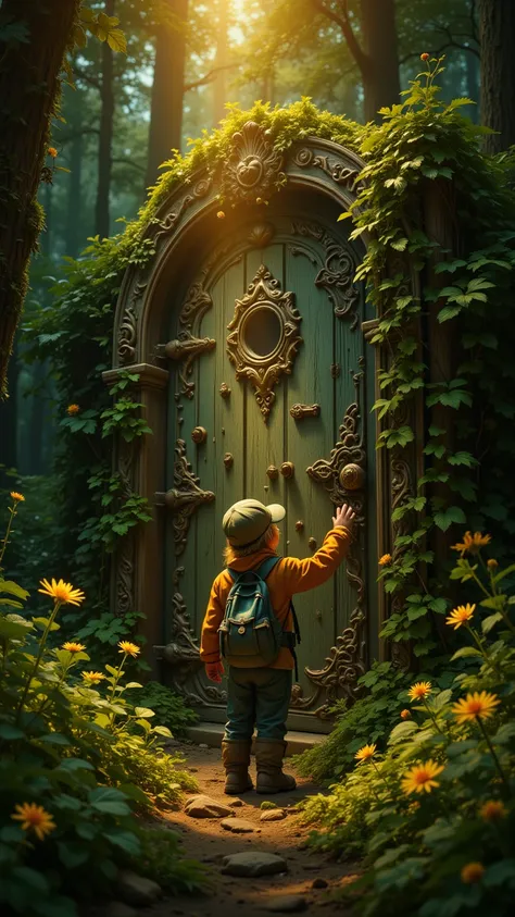 "An adventurous explorer standing in front of an aged, moss-covered door in the heart of a verdant forest. The door is adorned with intricate carvings and surrounded by thick vines and wildflowers. The forest background is alive with towering trees and dap...