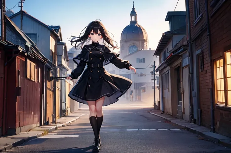 High image quality, high resolution, smooth gradation, vivid colors, a black cloak, a black student uniform, black stockings, black lace-up shoes, black hair, a high school girl, Clear winter sky, iron town, high block walls, factory smoke, dancing girl