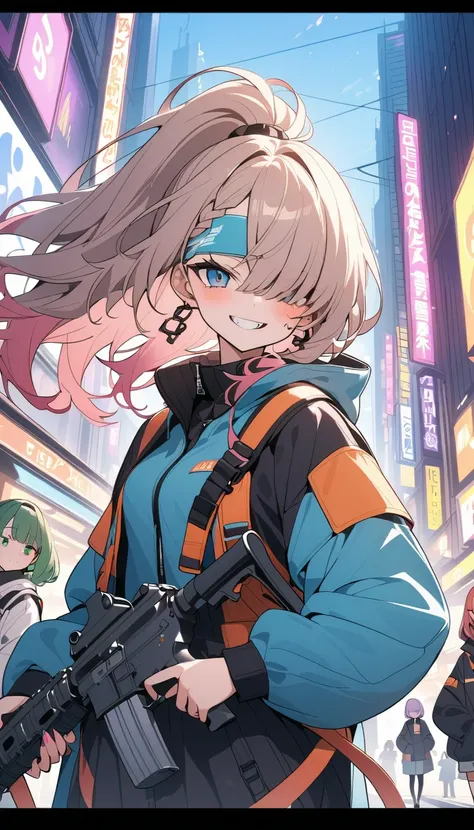 (Four beautiful girls : 1.3), girls ,(protective clothing,headband, earrings,Assault rifle), blonde, black hair, Hair, Silver Hair, red hair ,Blue Hair,Green Hair,Pink hair,Purple Hair, ponytail, bob cut, twin tails, long hair, shorthair, bun hair, wave ha...