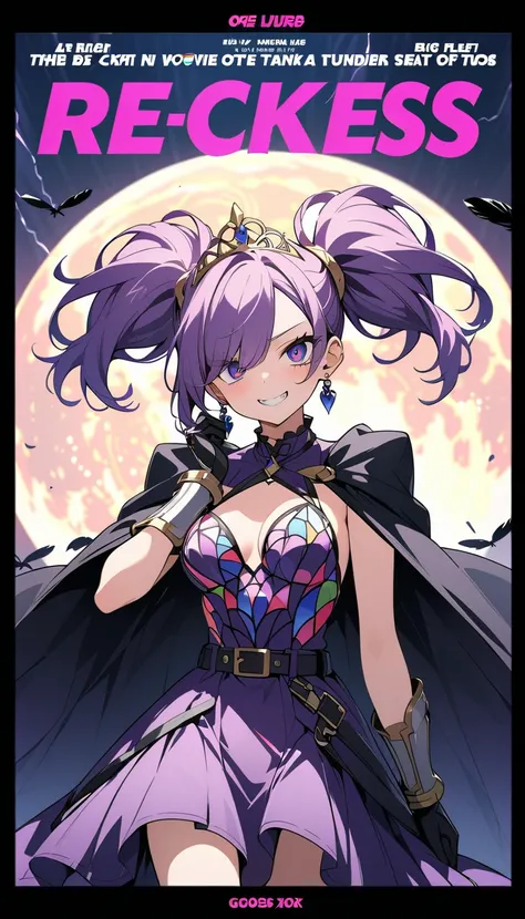 ( beautiful girl : 1.3), in the seat,(Wear a dark purple dress , stained glass dress, tiara ,Cape,belt, earrings, gloves, gauntlet, arm guard, boots,Big Scythe),Purple Hair, twin tails, Hair Over One Eye, Crazy Smile ,Reckless attitude,Evil face,Provocativ...