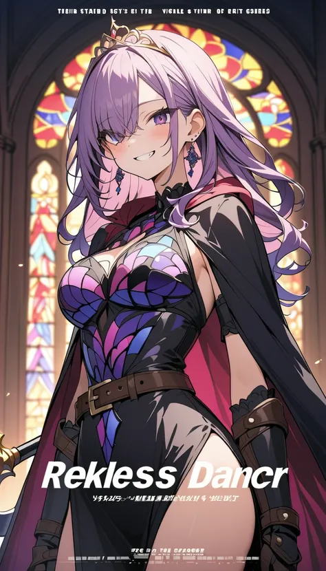 ( beautiful girl : 1.3), in the seat,(Wear a dark purple dress , stained glass dress, tiara ,Cape,belt, earrings, gloves, gauntlet, arm guard, boots,Big Scythe),Purple Hair, wave hair, Hair Over One Eye, Crazy Smile ,Reckless attitude,Evil face,Provocative...