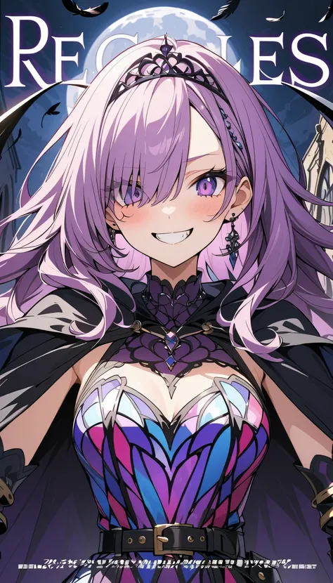 ( beautiful girl : 1.3), in the seat,(Wear a dark purple dress , stained glass dress, tiara ,Cape,belt, earrings, gloves, gauntlet, arm guard, boots,Big Scythe),Purple Hair, wave hair, Hair Over One Eye, Crazy Smile ,Reckless attitude,Evil face,Provocative...