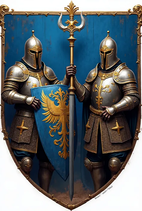 Make me a coat of arms on a blue ,  shield that represents a medieval platoon consisting of 2 captains and 60 soldiers 