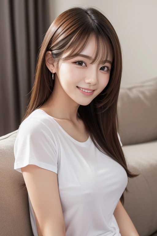 ,(( top quality)),((smile)), is present, 非常に Detailsな,  Details, (( high resolution)), 8k,(( sit on the couch)), beautiful, Well-formed eyes,( Korean women),(( sexy)), beautiful Skin, Detailsな顔,( attractive), Hair, 20th generation, bust size 60cm :  upper ...