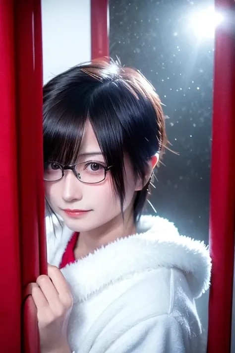 short dark hair, half body shot, realistic, rimless glasses, smile, Japanese Inns, A snowy landscape outside seen from a Japanese ryokan window, masterpiece, best quality, 8k, super detail