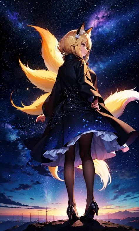 １people々々々々々々々,   blonde woman ，        fox ears，        Long Coat    ，       tall   ，         dress silhouette，         rear view，Space Sky,  Flower Field ，Countless meteor showers，         colorful flowers     ，Dancing petals，