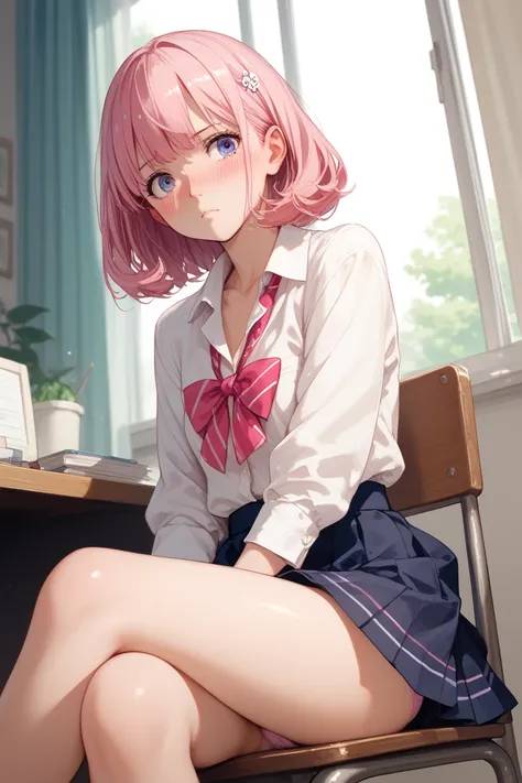 わきUnderを見せない，blush，Under，  no background ，   when you stare at ， Stare at Pe ，Sit on a chair，Front view， panties, skirt， no background， Pink Hair ，