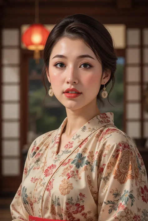 best quality, masterpiece, super high resolution, beautiful Japanese mature woman, Kind Face, green eyes, kind smile, Curvy Body, big boobs, updo brown hair, Japanese female Cloth Outfit, Japanese kimono, In Old Japanese-style Room, night:1.2,