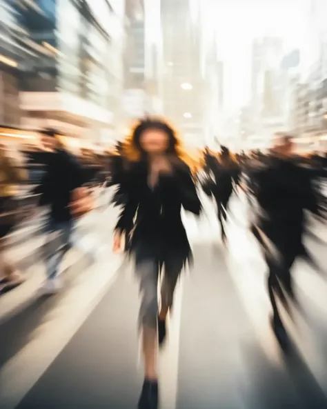 running woman, motion blur silhouettes of people walking and a woman running in the opposite direction, blurred city lights, walking motion blur people silhouettes, running motion blur, pedestrian crossing, outdoor, blurred cityscape, panning shot, speed l...