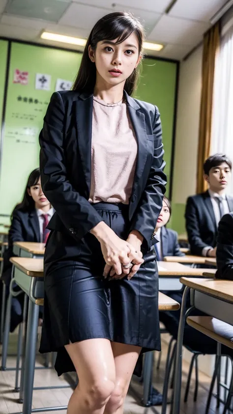 Female teacher urinates、  female teacher pees at graduation ceremony  、 Urinary incontinence、  pee  、  lots of pee 、Female teacher's hall 々 looking at viewers with an arrogant expression  、from below、  staring at the audience 、  black suit 、  black miniski...