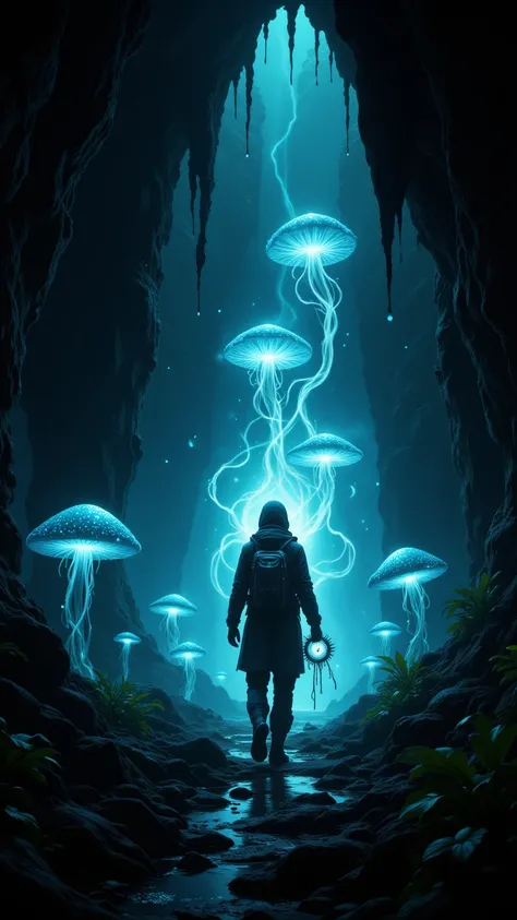 "In a dimly lit cavern where eerie stalactites drip water, a traveler cautiously moves forward, entranced by the glowing fungi that illuminate the rocky walls. The bioluminescent light casts dynamic, distorted shadows as the traveler's silhouette hovers ag...