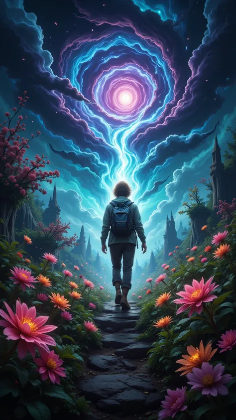 "The moment a traveler steps through a swirling portal into a new realm of vibrant colors and surreal landscapes, the scene bursts alive with enchanted flora and fantastical creatures performing an otherworldly dance. Dark, swirling clouds hover above, hin...