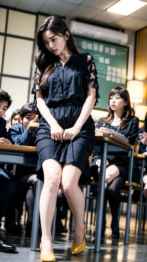 Female teacher urinates、 female teacher pees at graduation 、 Pee Leaking、 pee yourself 、 lots of pee 、from below、  staring at the audience 、 black suit 、 black miniskirt、 high heels、 perfect figure、 so beautiful、Japanese female teacher、 skirt tag 、学校の体育館で卒...