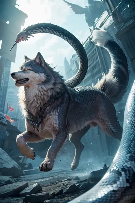 Fenrir, a majestic silver wolf who flies like a flag 、 has the body of a snake with large scales