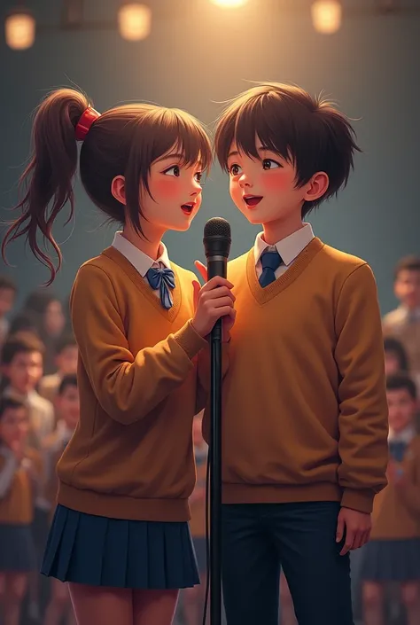 Girl and boy with uniform school outfith, singing with microphone, realistic resolution