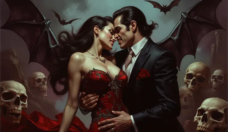 Vampires couple, sharp fangs, skulls, bats and horror. art by Boris Vallejo