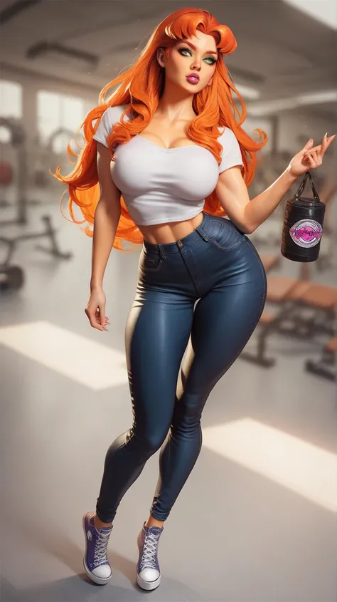 Starfire (DC), solo, light orange skin, orange hair, long hair, black eyes, gloss lipstick lips, white blouse, black jeans hole in thighs, white converse snickers, shapely body, above size breast, gym model body, shapely hips, long legs