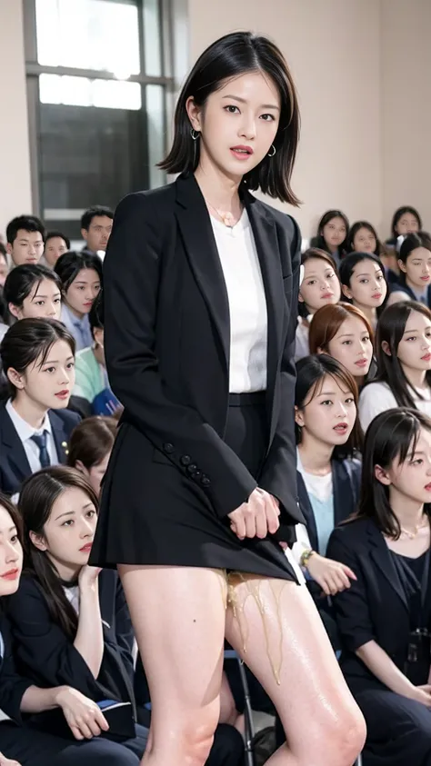 Female teacher urinates、 female teacher pees at graduation 、 Pee Leaking、 pee yourself 、 lots of pee 、Female teachers stand upright 、from below、gaze at the audience、 black suit、 black miniskirt、 high heels、 perfect figure、 so beautiful、Japanese elementary ...