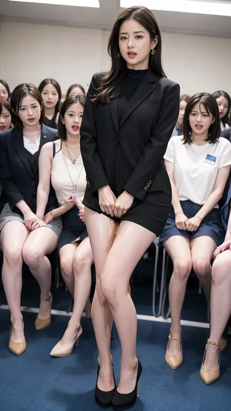 Female teacher urinates、 female teacher pees at graduation 、 Pee Leaking、 pee yourself 、 lots of pee 、Female teachers stand upright 、from below、gaze at the audience、 black suit、 black miniskirt、 high heels、 perfect figure、 so beautiful、Japanese elementary ...