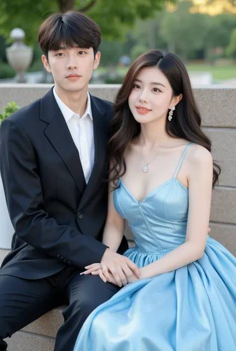   realistic portrait of a woman with a lot of hair. A German girl, 20 years old, hair gathered and a young man  , necklace, smile. ,  She stands posing in front of the camera in a shiny light blue dress like Ellen and a young man in a suit.....,   Fashion ...