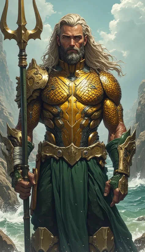 Standing epic photography, of arthur curry as absolute Aquaman, absolute Formidable, detail face, long wavy golden hair, wear Pure golden bulk savage king atlantis (Larger And wider scally Futuristic aquaman symbol with bulletproof) black chest plate,shabb...