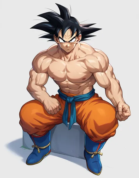 score_9, score_8_up, score_7_up,
gokuxl, solo,1boy,  black eyes, looking at viewer,
 blue dougi, serious, blue footwear,  orange dougi, muscular, shirtless, battle damage
