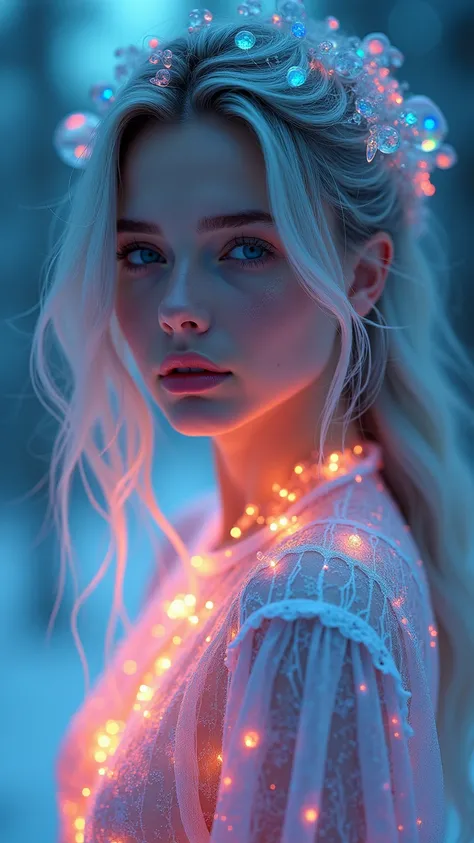 ((masterpiece, 8k, HDR, UHD, best quality)), (((A beautiful 22-year-old woman with silver hair))), ((Nordic features)), ((entrancing eyes that reflect the aurora borealis 1:2)), soft skin, (dressed in her own skin that transforms into beautiful colorful li...