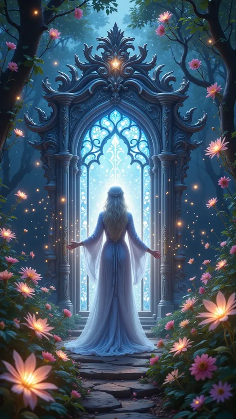 "A beautifully ornate door standing amidst an enchanting magical garden. The garden is alive with soft pastel colors, twinkling lights, and fantastical creatures flitting about. Elara, a graceful sorceress in flowing robes, stands before the door, her move...