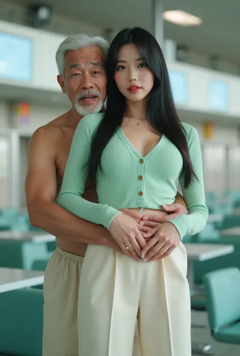 masterpiece , real photo, full body, (((1 korean beautiful young girl and 1 old korean man couple, asian people))), {1 korean girl, 23 years old, (black hair), red lips, curvaceous pinup curvy DD cup voluptuous, strikily beautiful, (beautiful_eyes, pretty ...