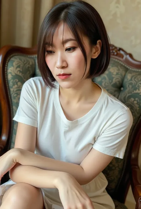 Give this woman very short hair。 Make it fair-skinned and whiplump、Let me create an atmosphere like a married woman。   The pose is、Sitting on a chair and crossing legs。