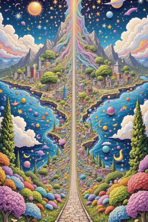   Masterpiece,  very detailed,    ultra high resolution,16k,  wallpaper,   in the background  ,To a big lake、 installation art {x} draw a kaleidoscope-like geometric pattern、 with mountains towering in the background 、Absurd art