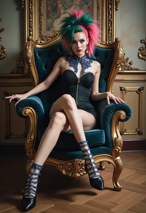 high definition photo of young pretty woman sitting in a chair with phone, on her throne, fashion photography, fashion photograhy, sitting in fancy chair, high fashion photography, ecopunk rococo, high - end fashion photoshoot, rococo cyberpunk, high fashi...