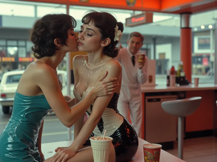 (Create a high-resolution photo-realistic (Photo of a two cute young brunettes cumface  girl kissing each other and sharing cum), 60s drive-in, waitress, panavision movie style, 60s movies, (small natural breasts: 1.6), (cleavage:1.6), (skinny anorexic bod...