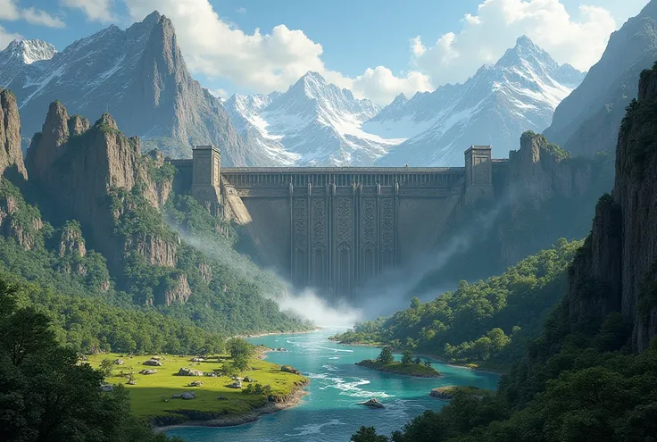 A picture of a very large dam in a fantasy world between two mountains in fertile land 