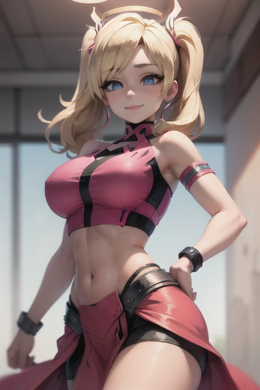 pink_mercy, blonde hair, halo, (crop top, midriff, navel:1.4), huge breasts, star-shaped pupils, light smile, shy, motion blur, depth of field, Ultra-Wide Angle, from front, 4K, super detail, textured skin, butt, big butt, undressing