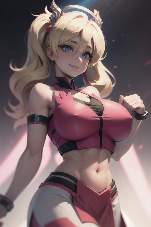 pink_mercy, blonde hair, halo, (crop top, midriff, navel:1.4), huge breasts, star-shaped pupils, light smile, shy, motion blur, depth of field, Ultra-Wide Angle, from front, 4K, super detail, textured skin, butt, big butt, undressing