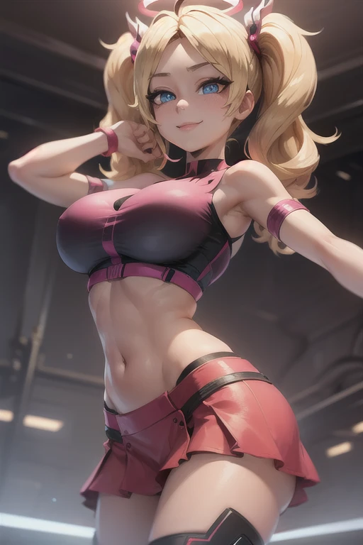 pink_mercy, blonde hair, halo, (crop top, midriff, navel:1.4), huge breasts, star-shaped pupils, light smile, shy, motion blur, depth of field, Ultra-Wide Angle, from front, 4K, super detail, textured skin, butt, big butt, undressing