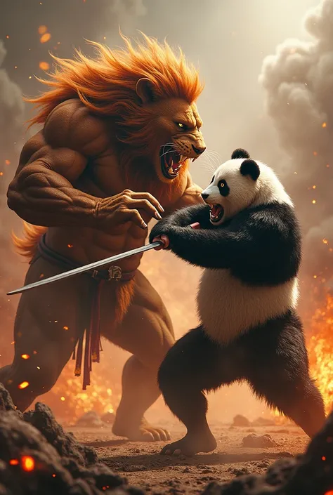 lion men and panda fighter agressive look with fire and sword 