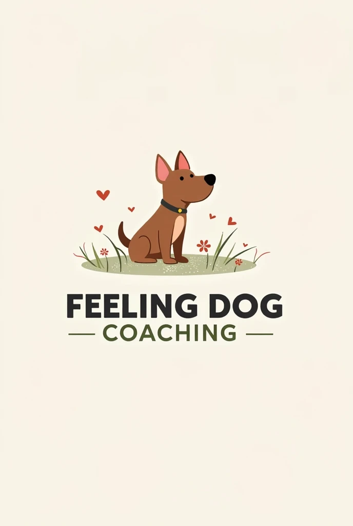 Logo d’entreprise educateur comportementaliste canin. Le nom est feeling dog coaching. 1 chien berger australien aux yeux bleus avec son maître marchant dans la ville.