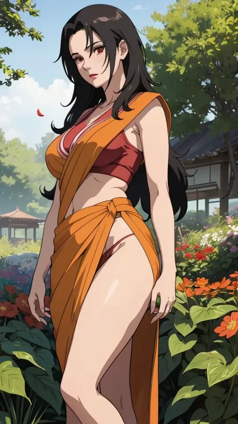 masterpiece, absurdres, kurenai yuhi\(naruto\), 1girl, solo,mature female , big breasts, big hips, wearing indian saree, saree has blouse sleeveless,red saree, blue dupatta and orange  pallu, looking at viewelling petals), perfect composition, detailed lip...