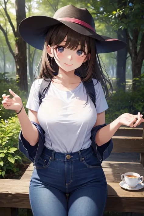 anegasaki nene, shiny chestnut hair, (brown pretty eyes, sparkling eyes, fine eyes), smiling face, super detailed eyes, highly detailed face, highly detailed eyes, (masterpiece:1.2, best quality), 1 girl, cowboy shot,, 


Denim trousers、 wearing a t-shirt ...