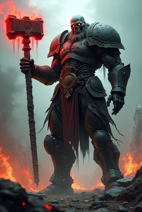  An undead dwarf warrior in a big black mecha suit holding a glowing red hammer in the battlefield